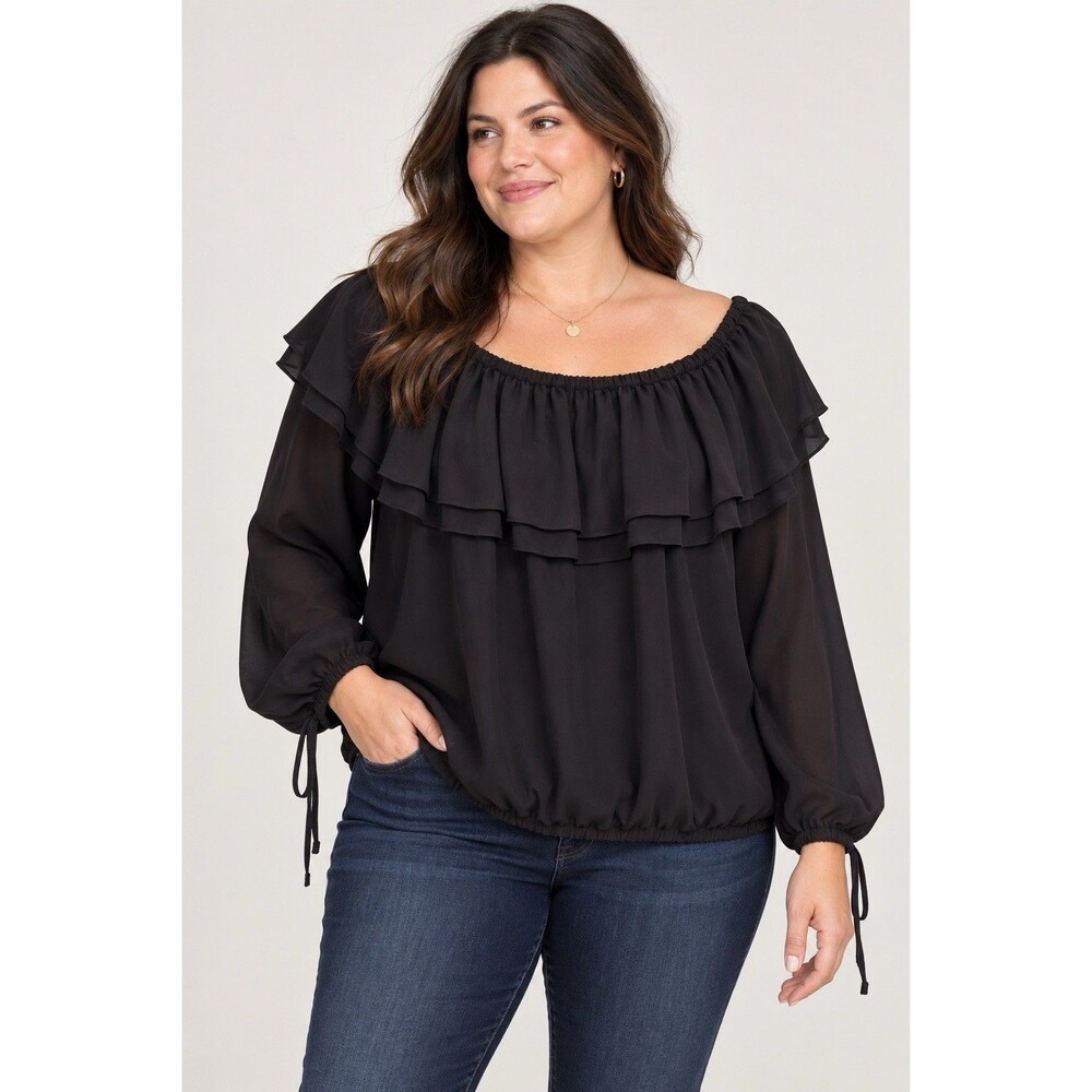 Michael Michael Kors Women’s XL Black Ruffle Peasant Blouse Off Shoulder D